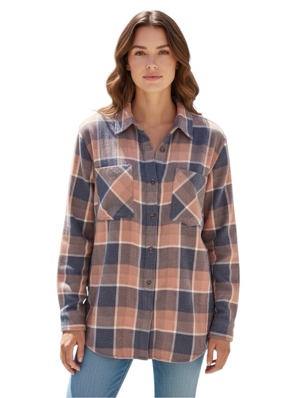 Thread & Supply Cassian Soft Dusty Rose & Navy Plaid Flannel Top Size XL